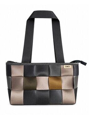 Comely Seatbelt Bag Double Handle Tote Zipper Close Brown Nylon Medium Shoulder